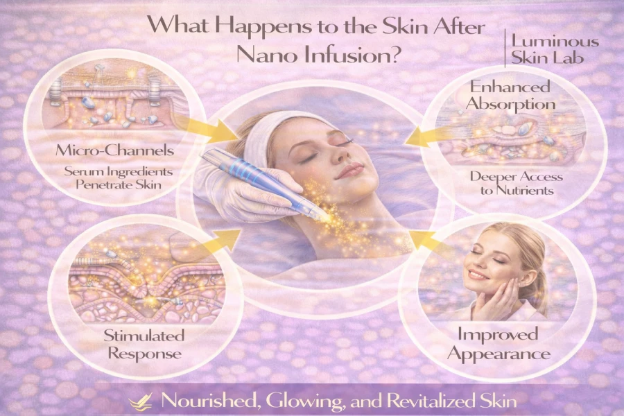 Skin after nano infusion treatment showing fresh glow, hydration support, and recovery-focused professional skincare results
