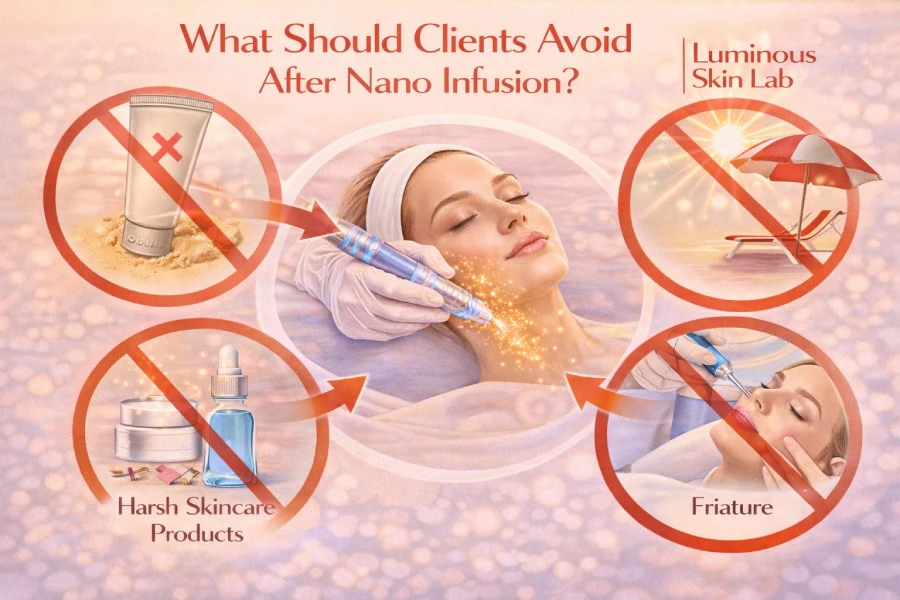 Nano infusion aftercare guidance showing clients should avoid exfoliation, strong actives, and excessive sun exposure after treatment