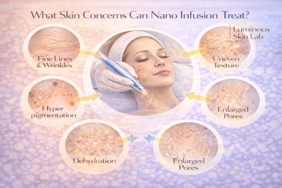 Esthetician using a nano infusion device on a client&rsquo;s cheek area in a clean professional treatment room