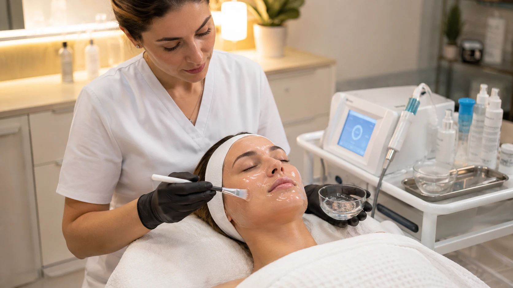 Esthetician applying a hydration mask to a client immediately following nano infusion treatment in a professional treatment room