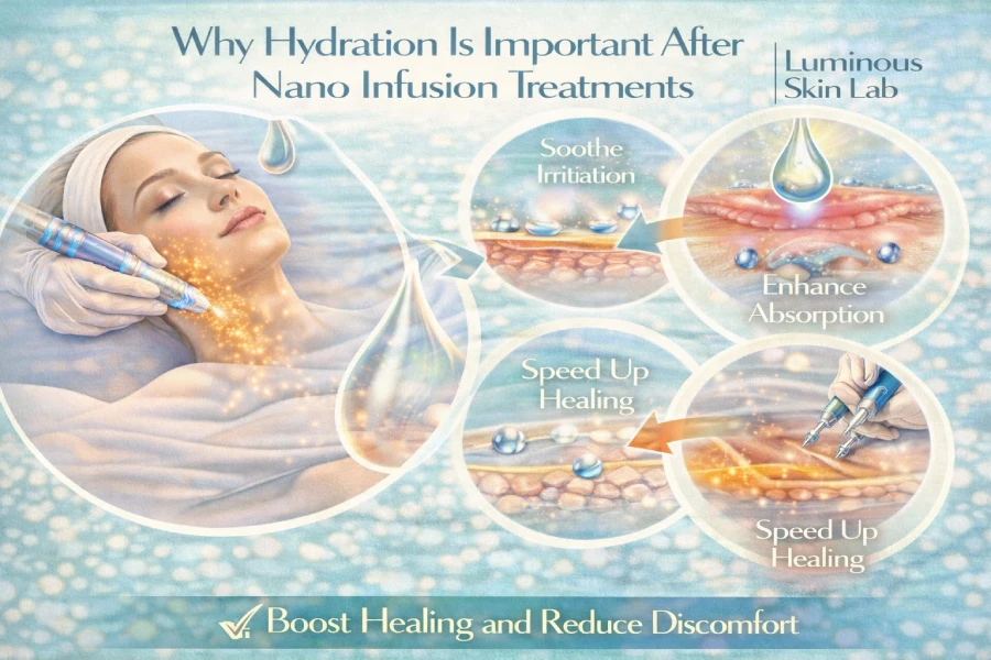 Hydration support after nano infusion treatment with calming skincare and moisture restoration for post-treatment recovery