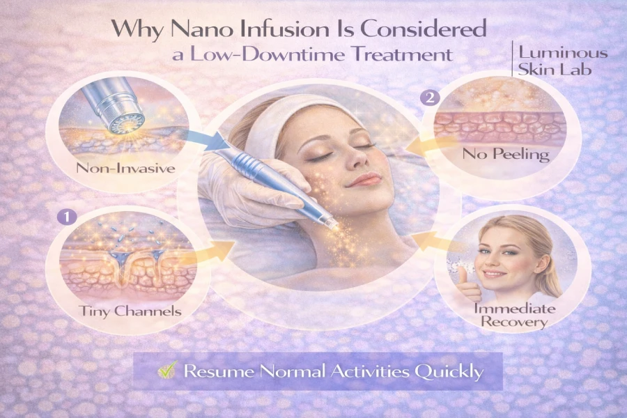 Esthetician performing nano infusion treatment on a client in a professional treatment room, demonstrating the gentle microchanneling process that results in minimal visible skin reaction.