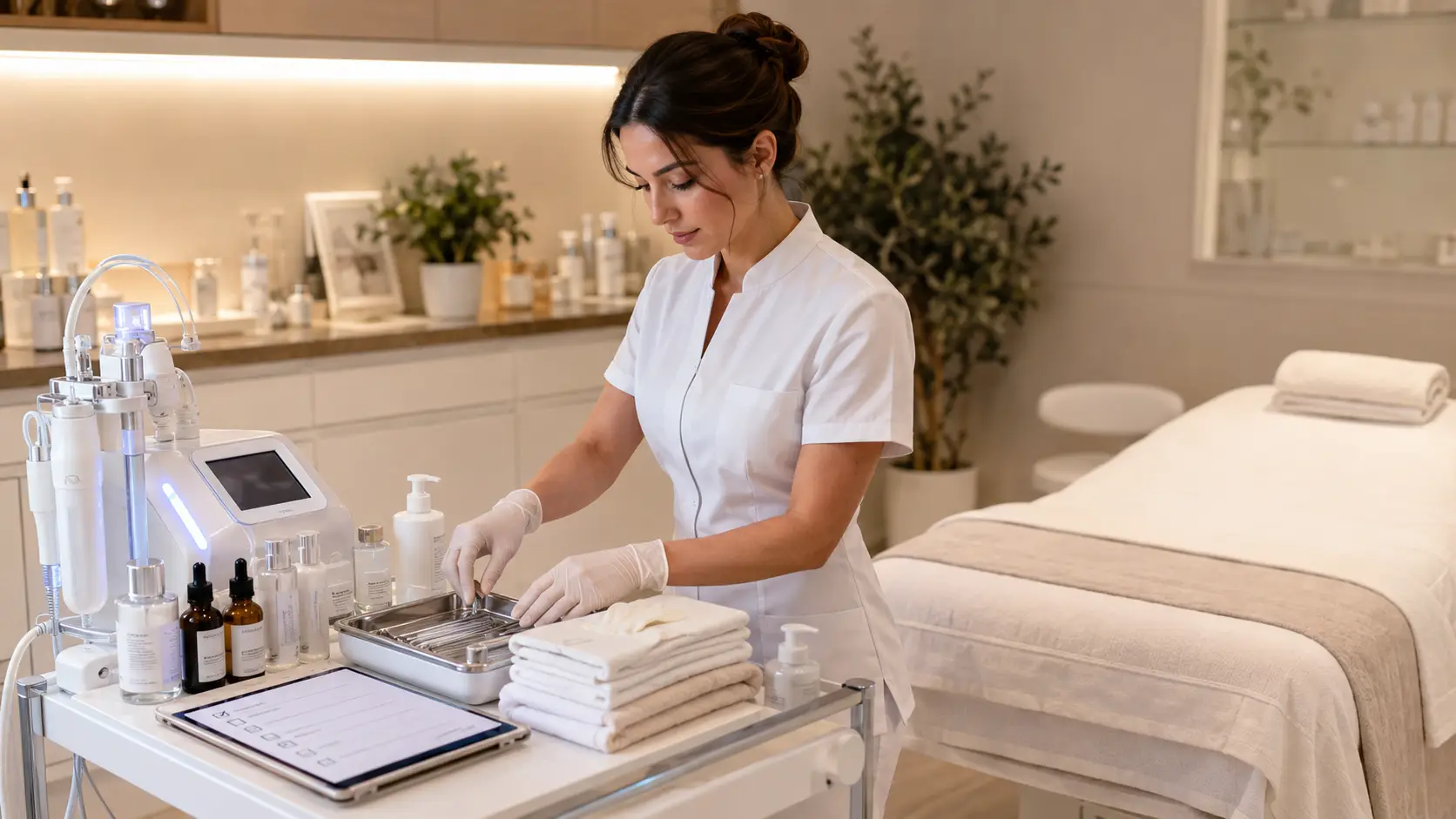 New esthetician reviewing a safety checklist before performing an advanced nano infusion treatment on a client in a professional treatment room