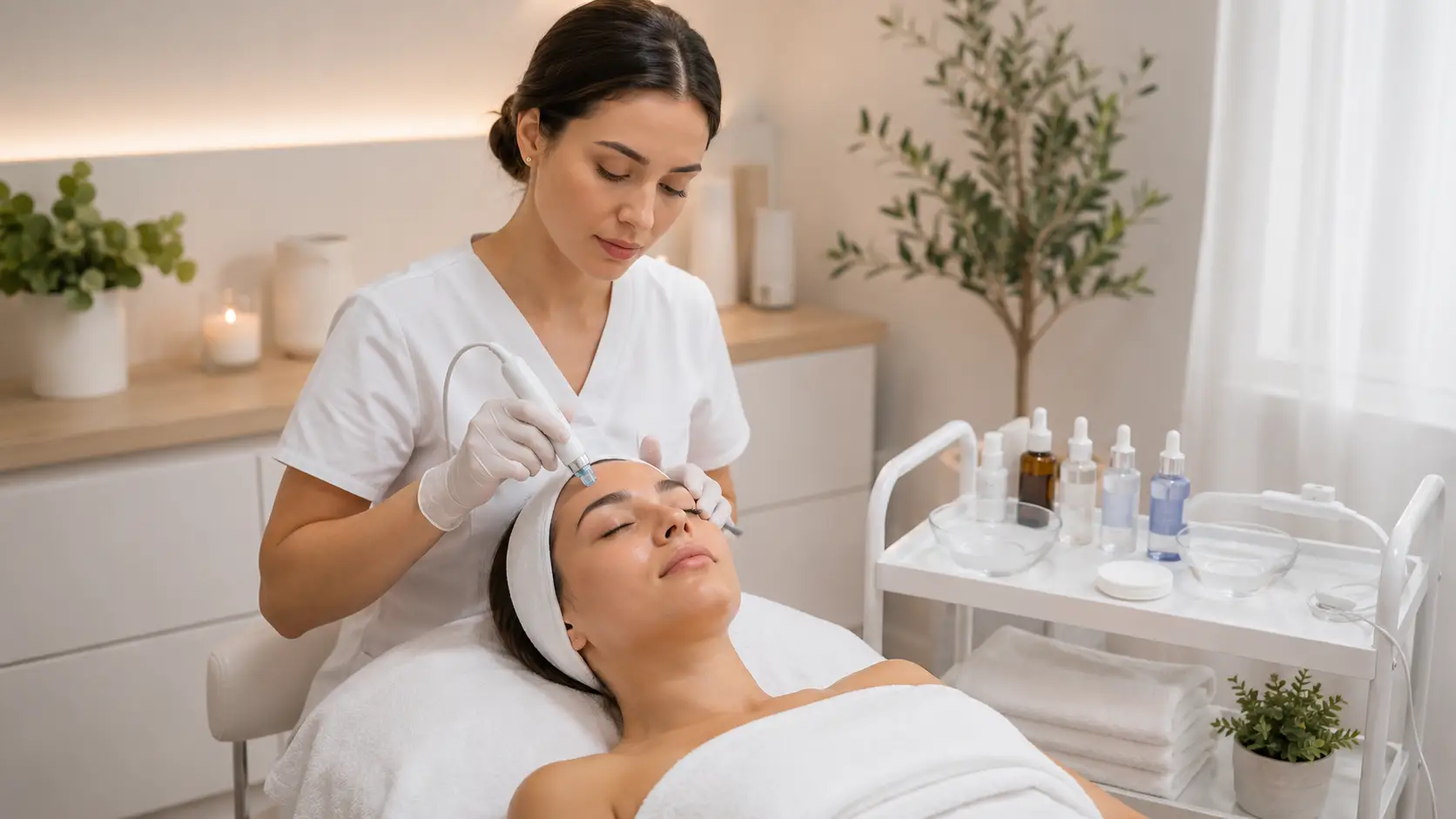 New esthetician performing a nano infusion facial treatment using a professional device in a clean clinical treatment room