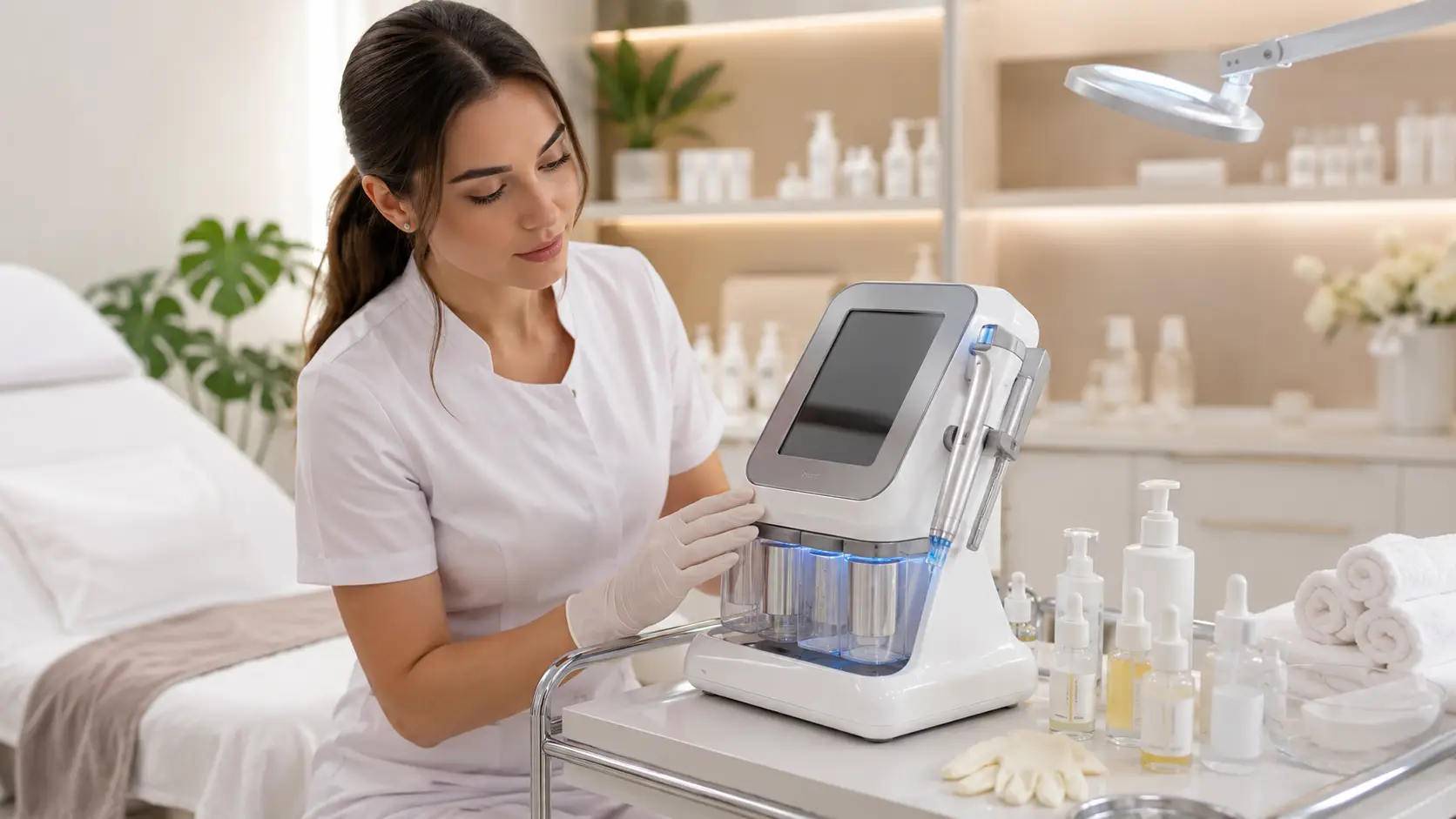 New esthetician reviewing nano infusion device options at a professional treatment cart in a clean clinical setting