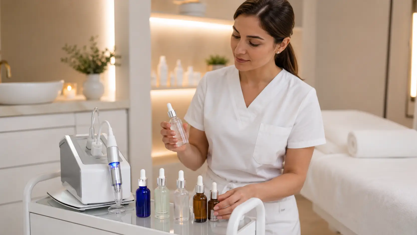New esthetician preparing nano infusion serums in a professional treatment room setting