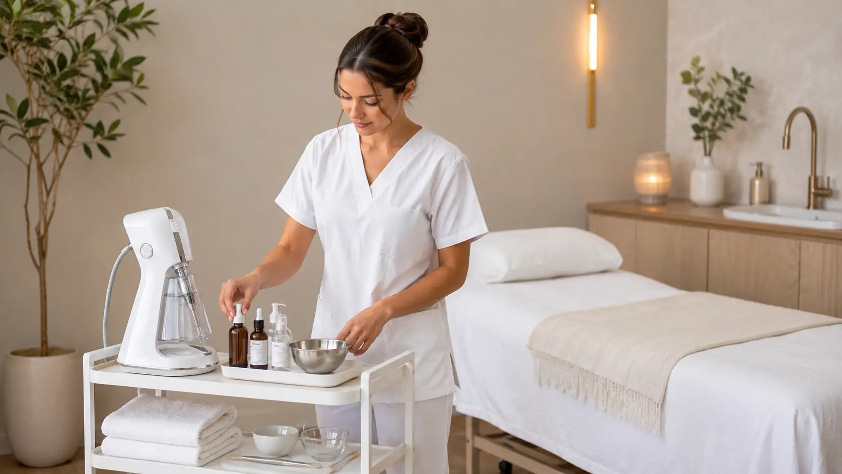 New esthetician reviewing a clean, simple service menu at a treatment room desk, preparing to introduce nano infusion as a focused add-on service