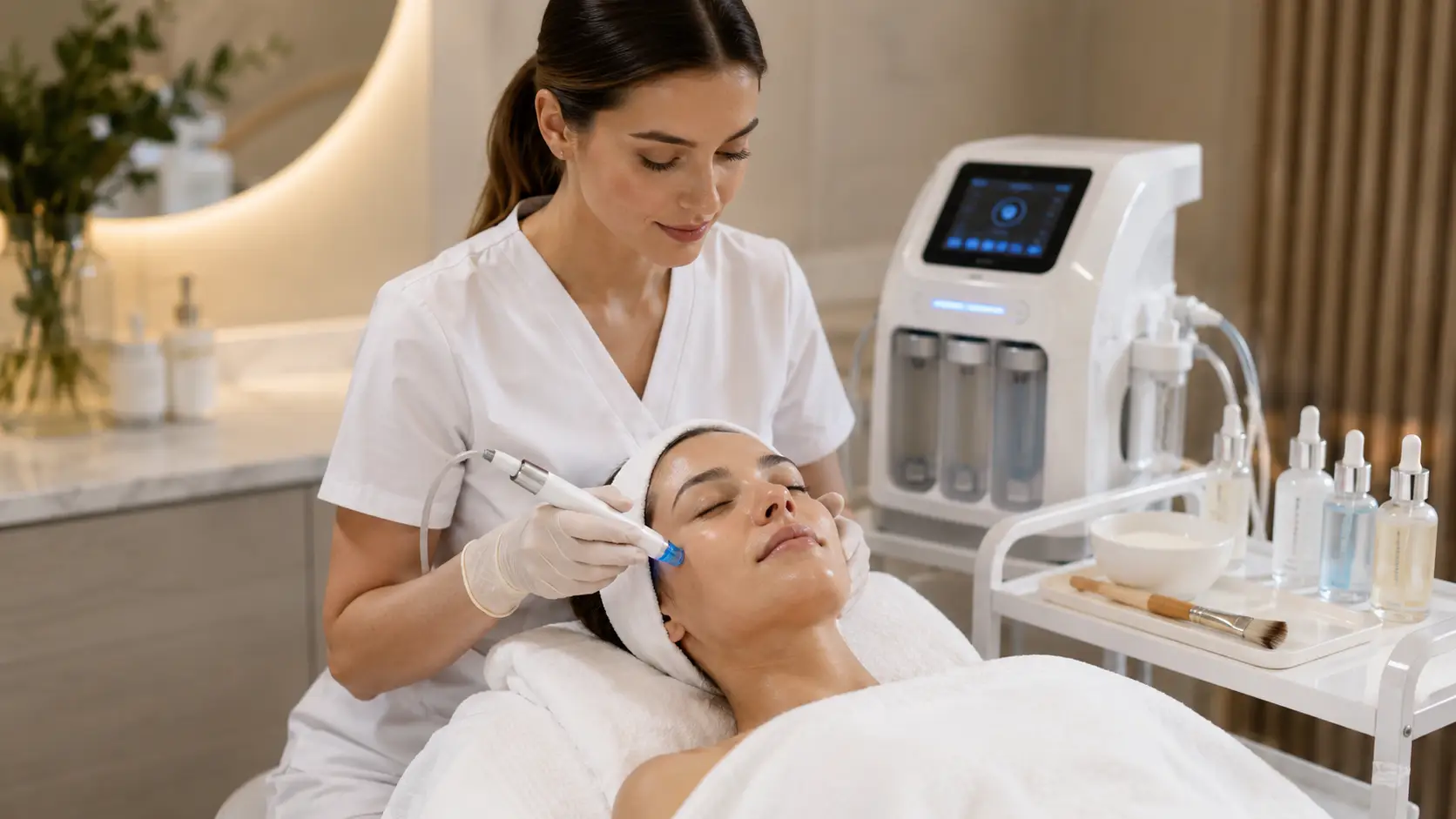New esthetician performing a nano infusion treatment before applying a hydration mask in a professional treatment room setting