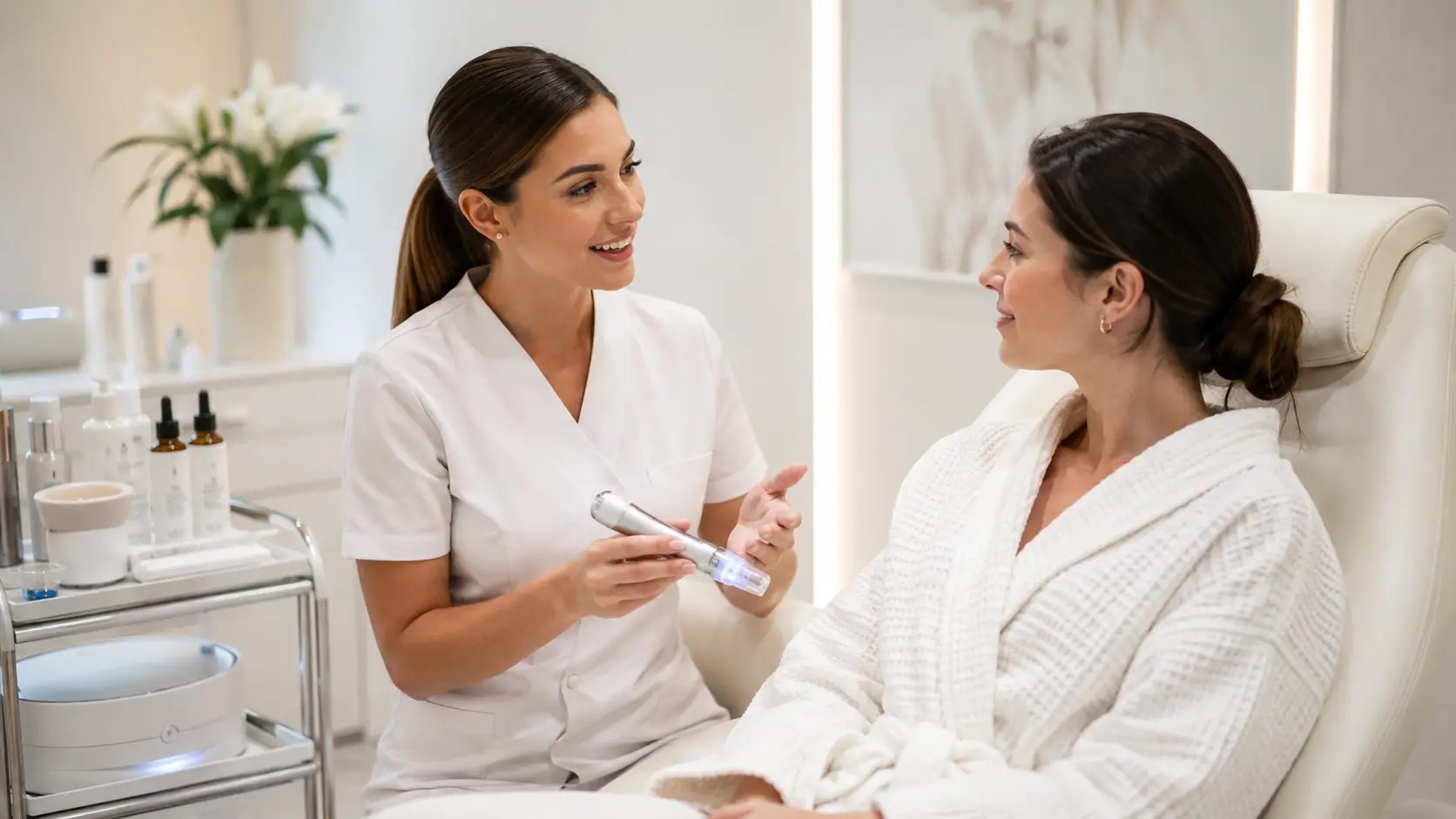 New esthetician consulting with a first-time nano infusion client in a professional treatment room setting