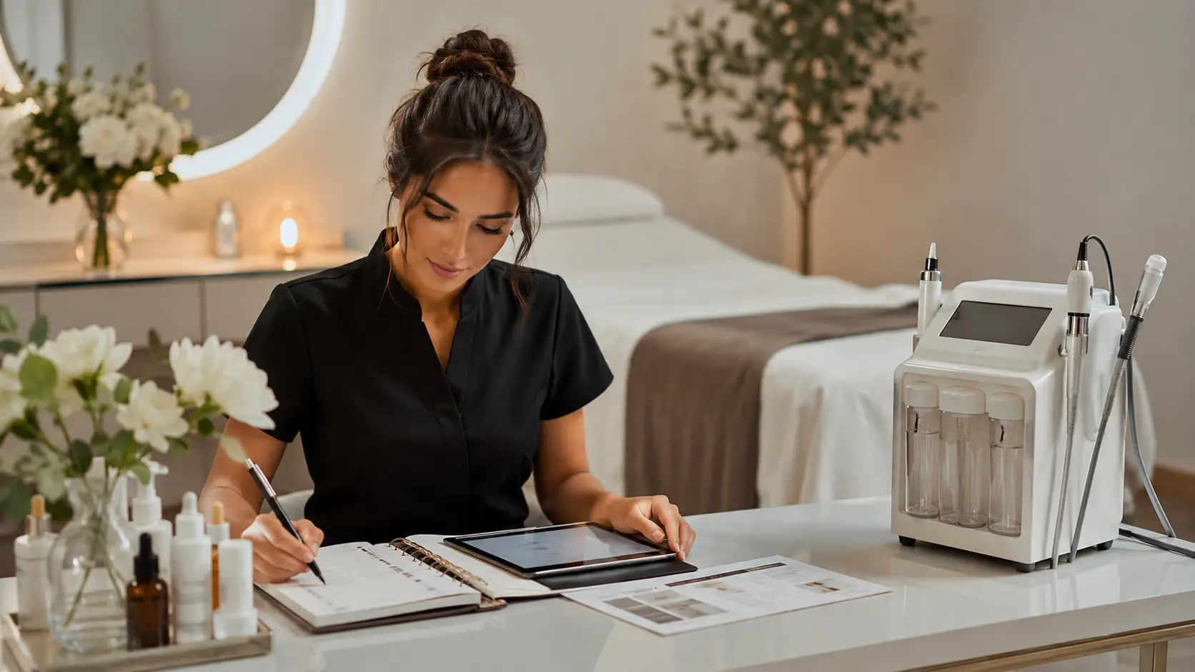 New esthetician reviewing pricing worksheets and service menu at a treatment room desk with professional nano infusion supplies