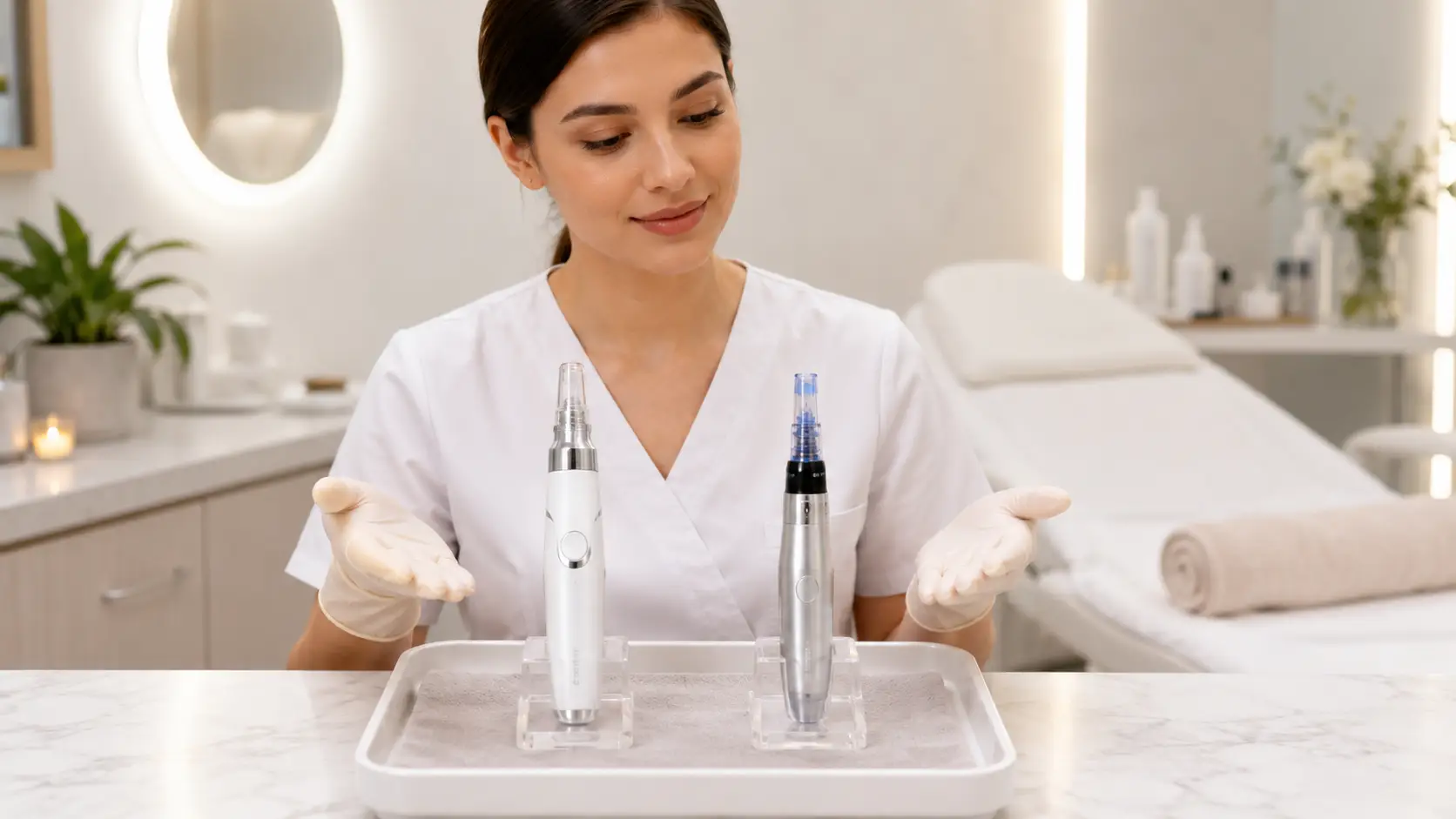 New esthetician reviewing nano infusion and microneedling treatment differences in a professional education setting