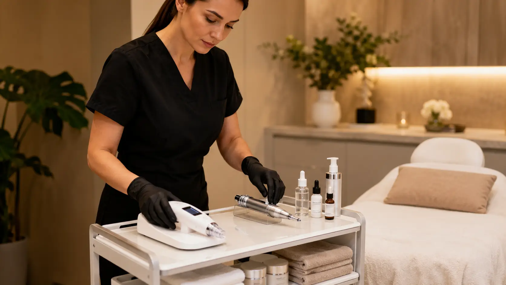 New esthetician reviewing treatment protocols and nano infusion device at a professional treatment station