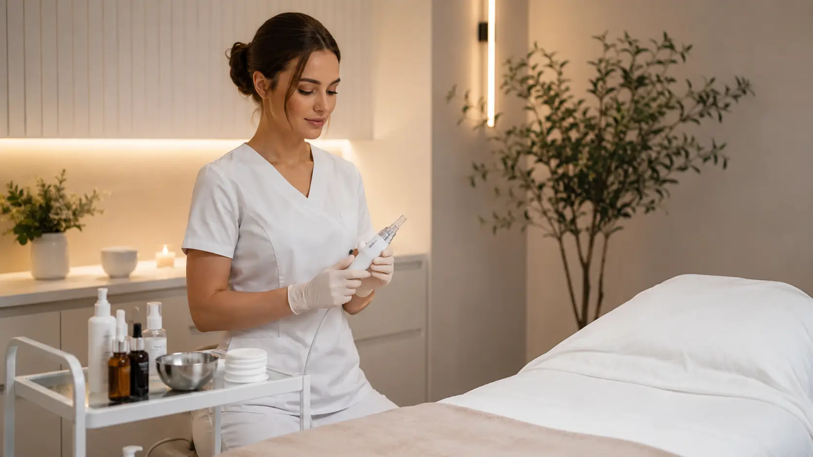 New esthetician reviewing nano infusion device and ampoule serums in a professional treatment room setting
