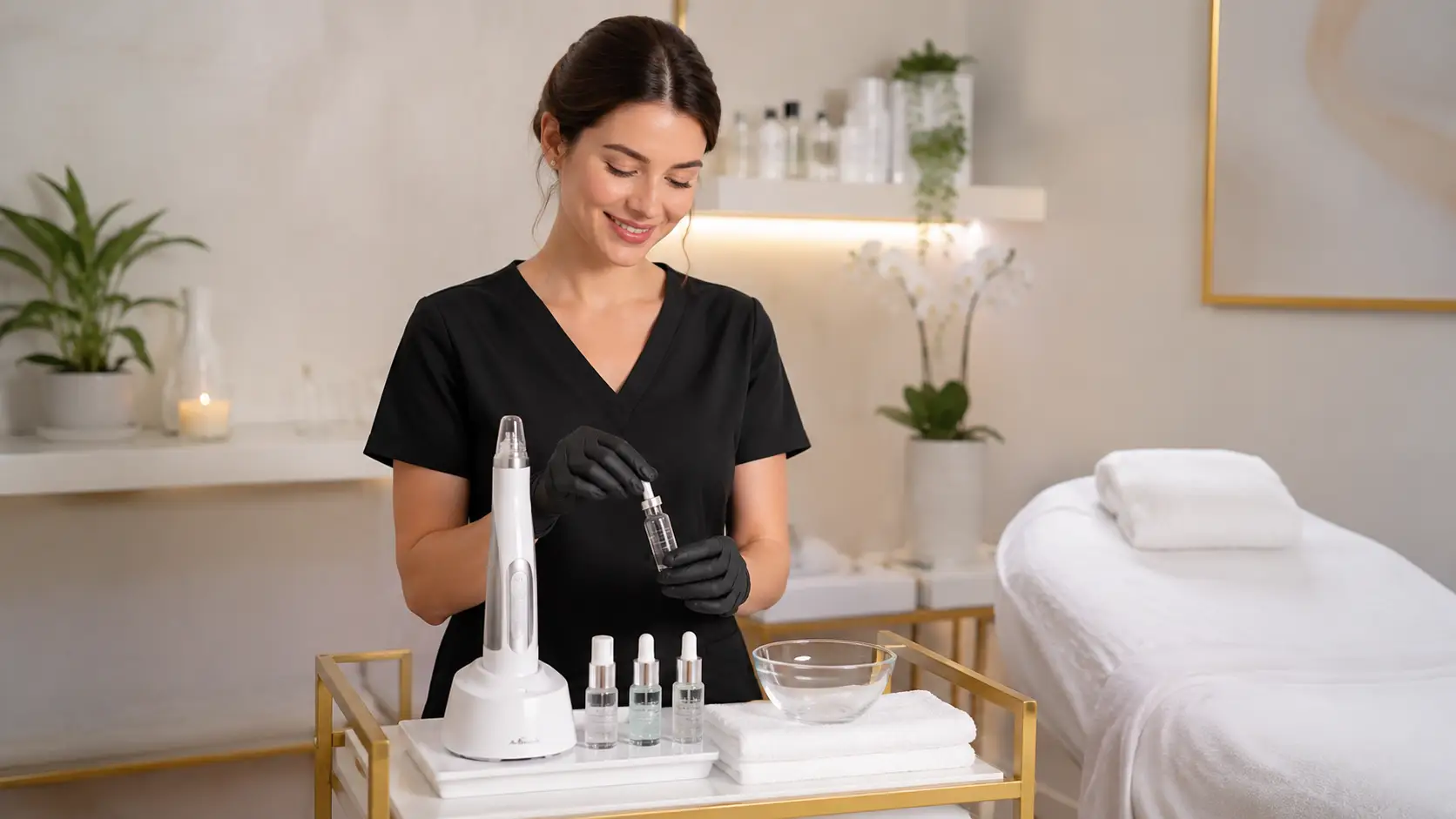 New esthetician performing a nano infusion treatment in a clean, professional treatment room setting