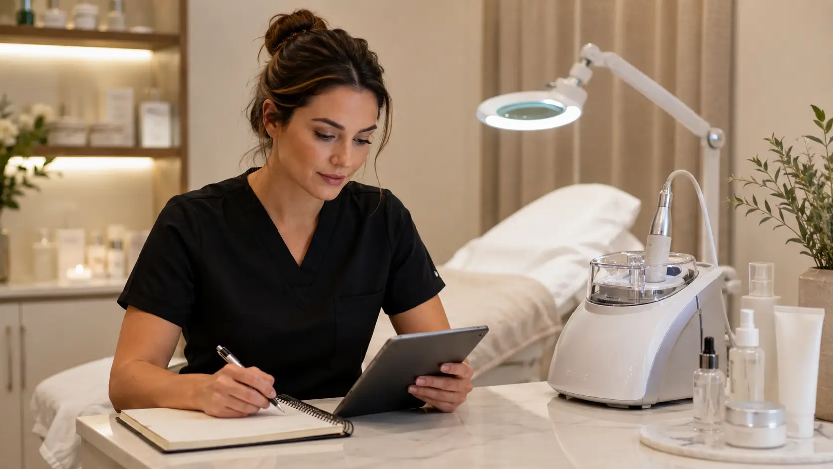 New esthetician receiving hands-on nano infusion training from an experienced educator in a professional training environment