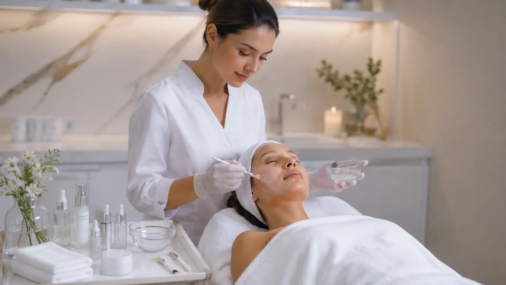 New esthetician performing a barrier-support facial on a client with sensitive, compromised skin in a clean professional treatment room