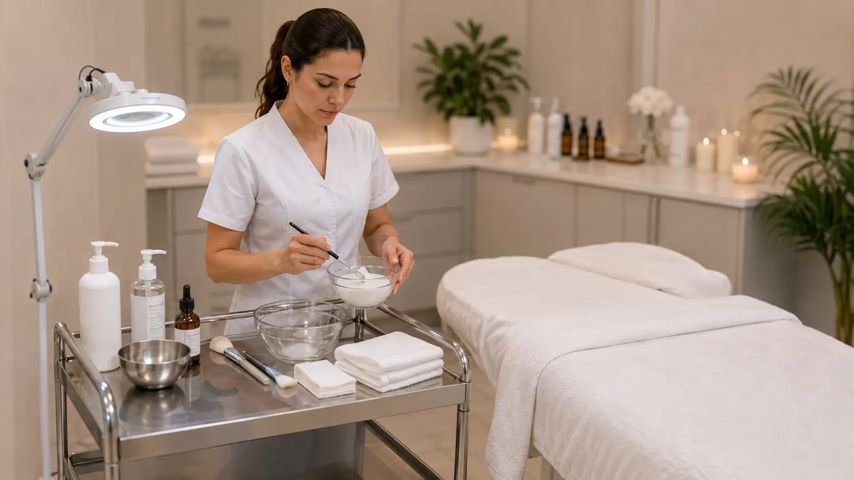 New esthetician performing a step-by-step exfoliation and hydration facial workflow in a clean professional treatment room