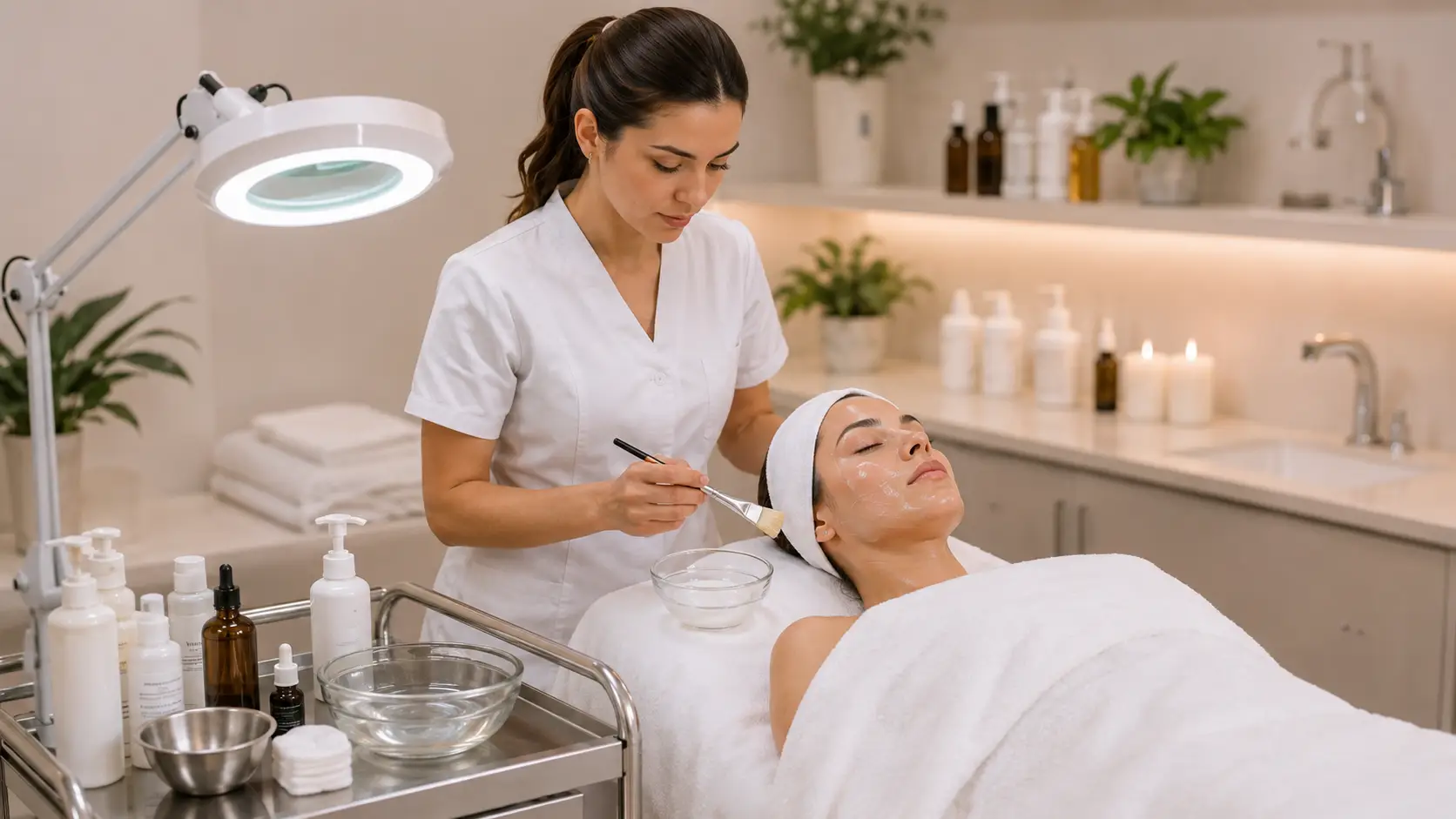 New esthetician performing a hydration facial on a client in a clean professional treatment room setting