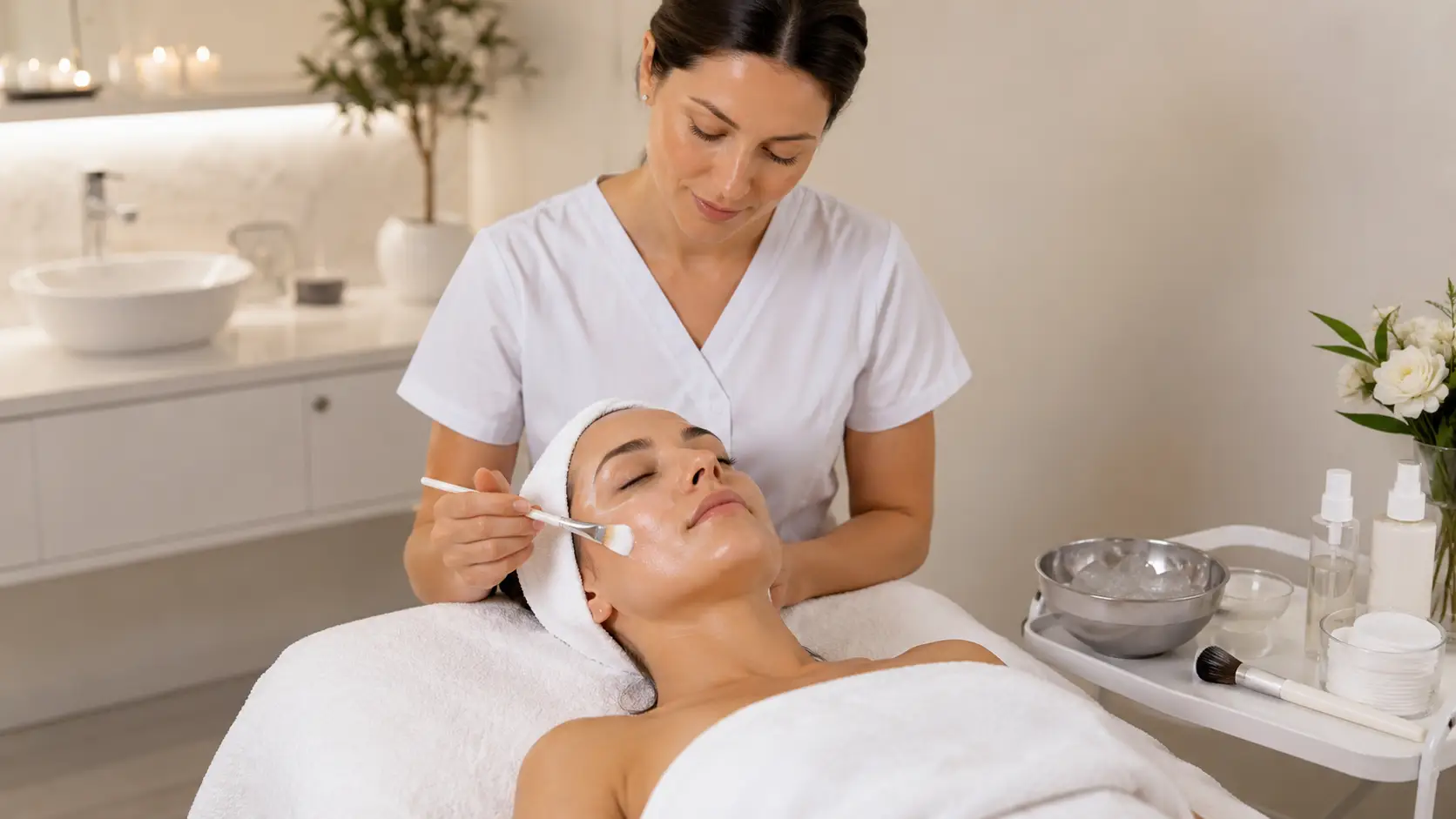 New esthetician applying a calming recovery mask to a client following facial extractions in a professional treatment room setting
