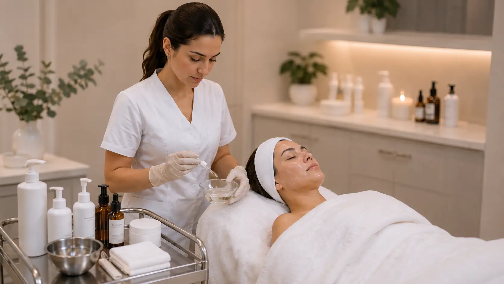 New esthetician applying a calming recovery treatment to a client in a professional treatment room setting