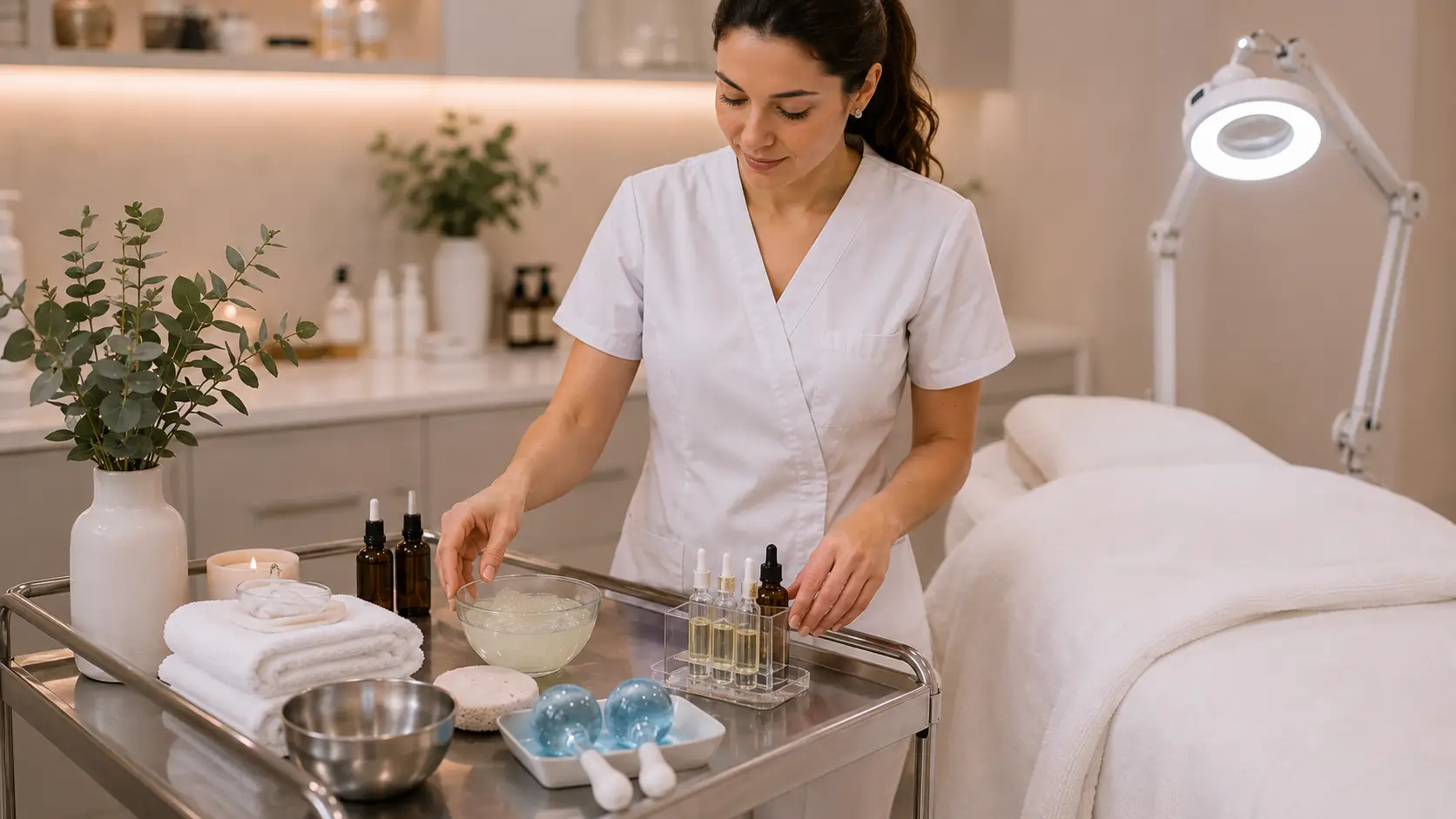 New esthetician presenting a facial add-on treatment to a client in a clean professional treatment room setting