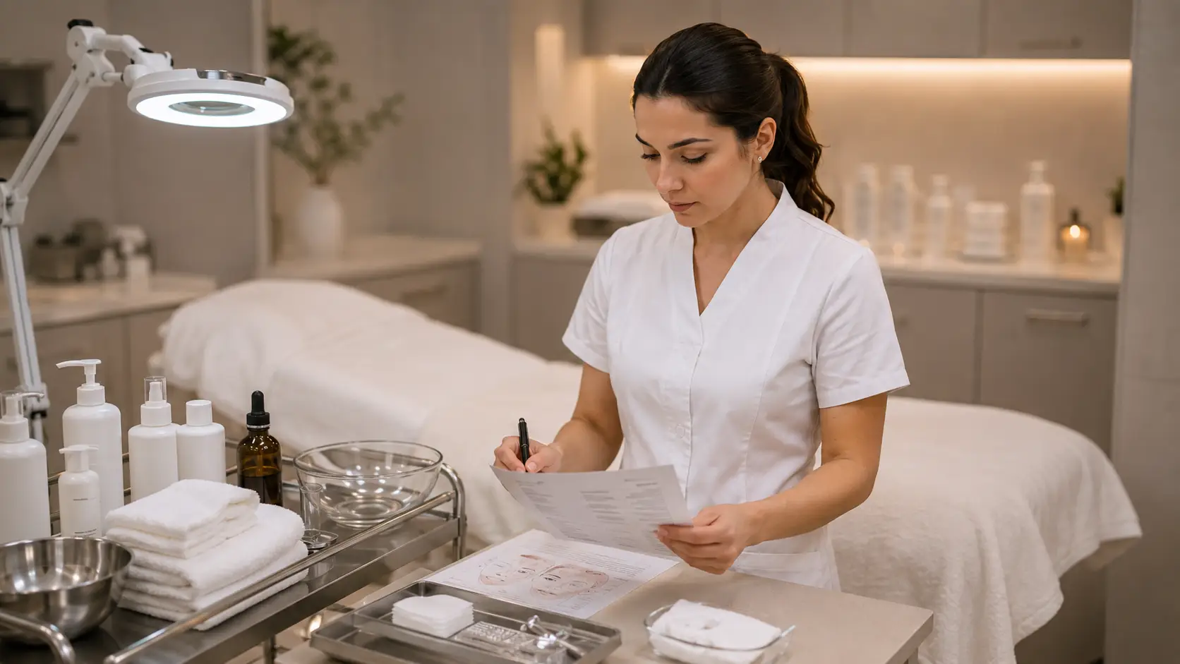 A newly licensed esthetician reviewing her beginner service menu in a clean, professionally set up treatment room