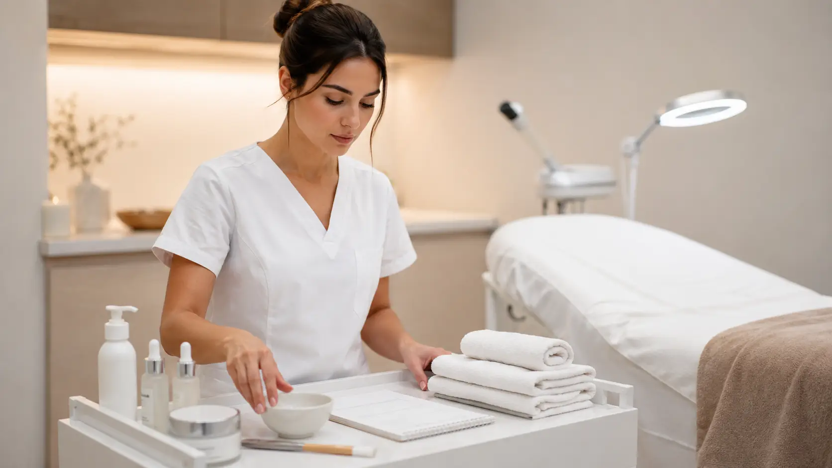 New esthetician reviewing a simple, focused facial service menu on a clipboard in a clean treatment room setting
