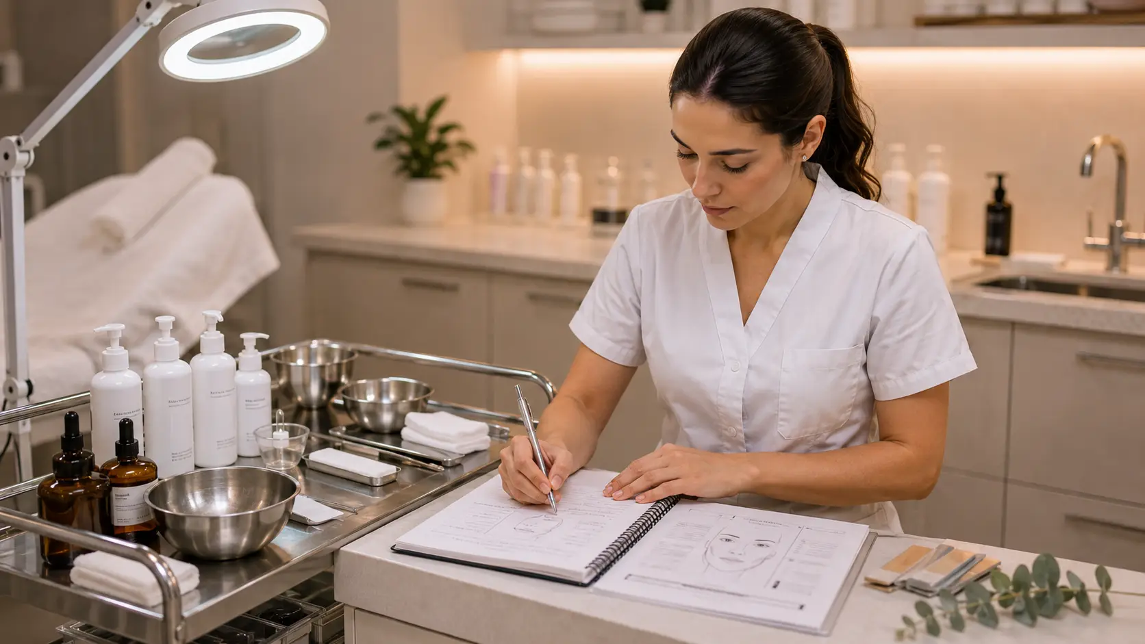 New esthetician designing a signature facial treatment protocol at a clean professional treatment room station