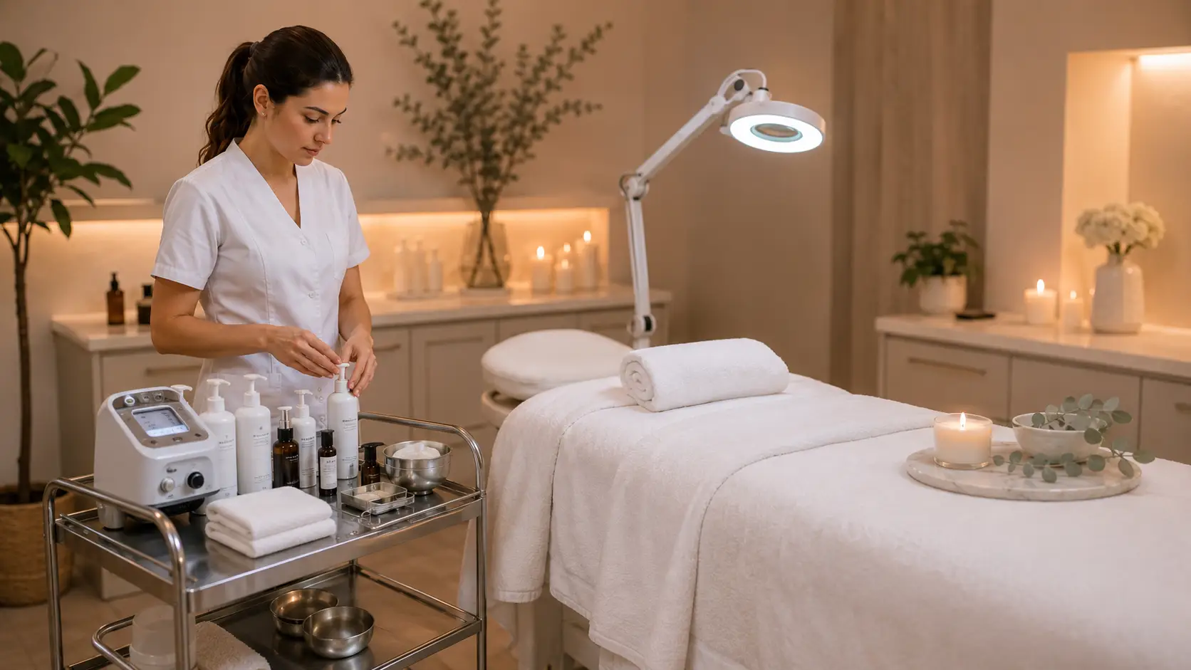 Beginner esthetician preparing a luxury facial treatment room with layered sensory elements and professional add-on products including a jelly mask