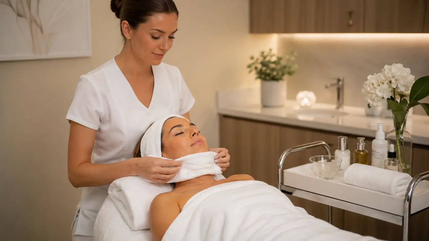 New esthetician completing a professional facial service with a calming closing ritual in a clean treatment room