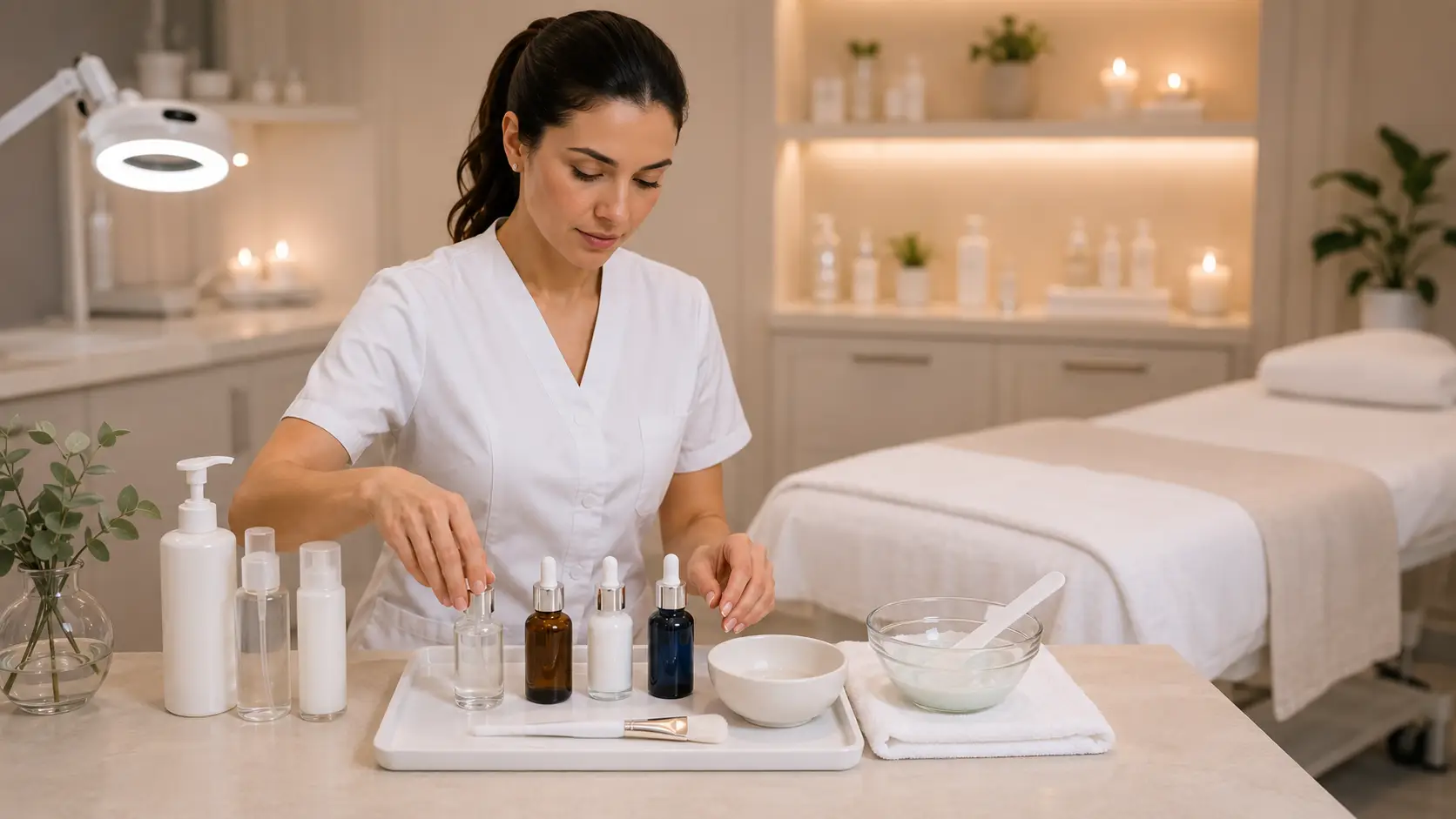 New esthetician applying a serum layer to a client's face before mask application in a professional treatment room setting