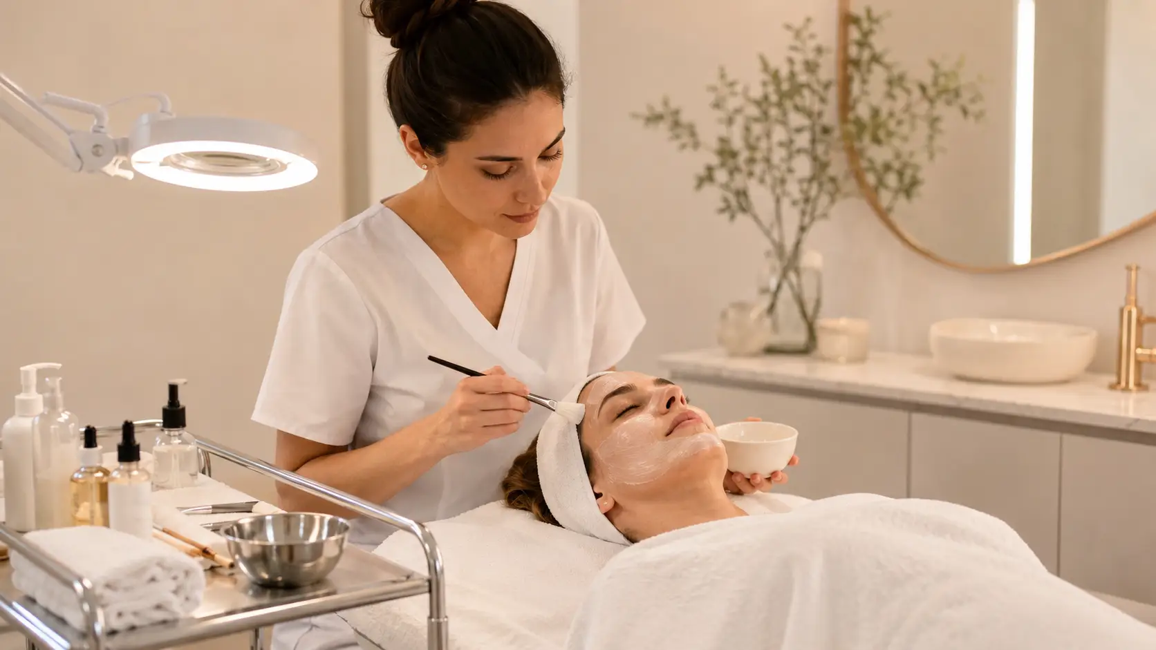 New esthetician elevating a basic facial treatment with professional technique layering and a jelly mask step in a clean, well-organized treatment room