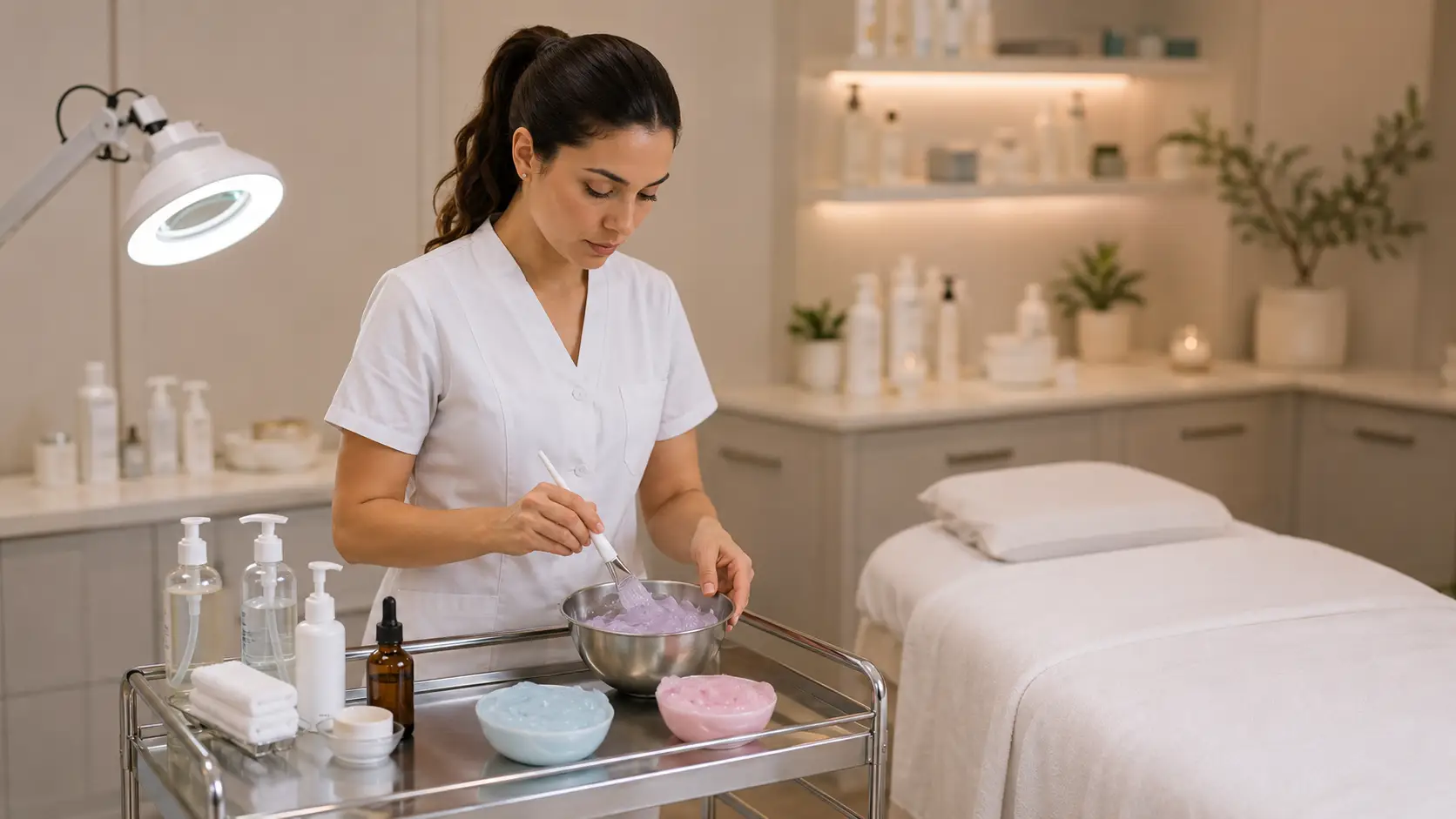 New esthetician mixing and applying a professional jelly mask as a facial add-on treatment in a beginner-friendly treatment room setup