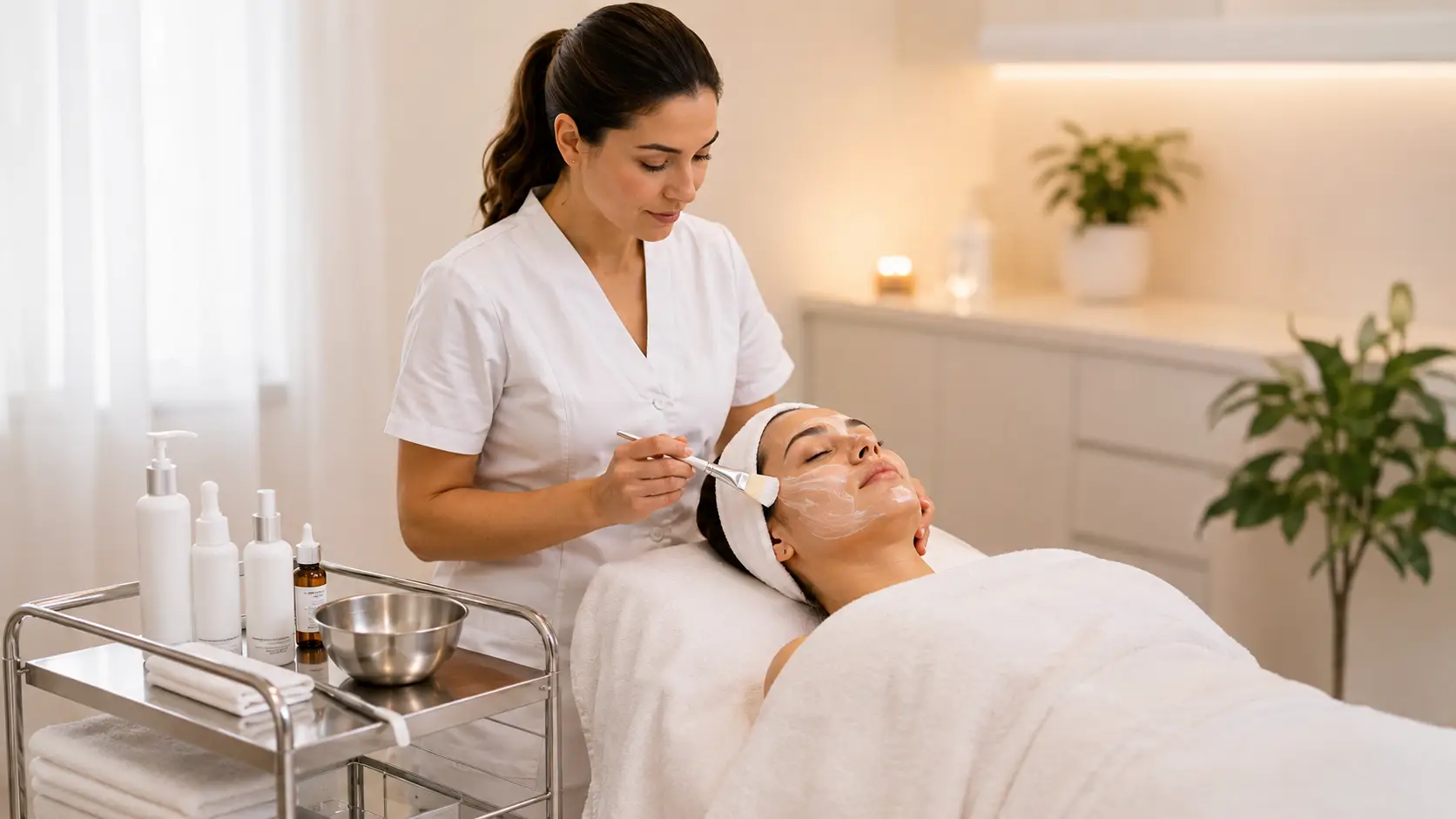 New esthetician following a simple step-by-step facial protocol in a clean treatment room