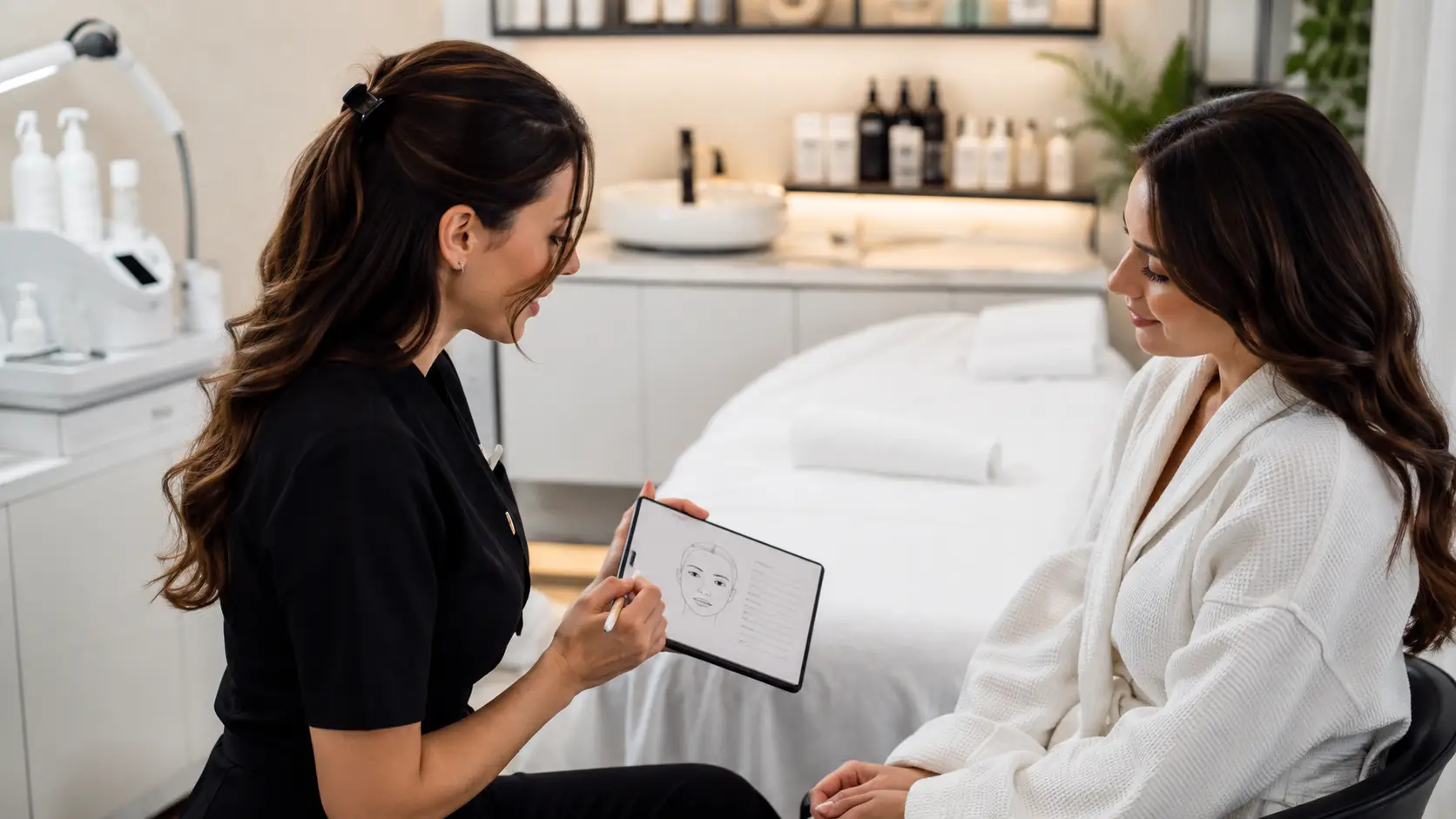 New esthetician reviewing a written treatment plan with a client during a professional skin consultation
