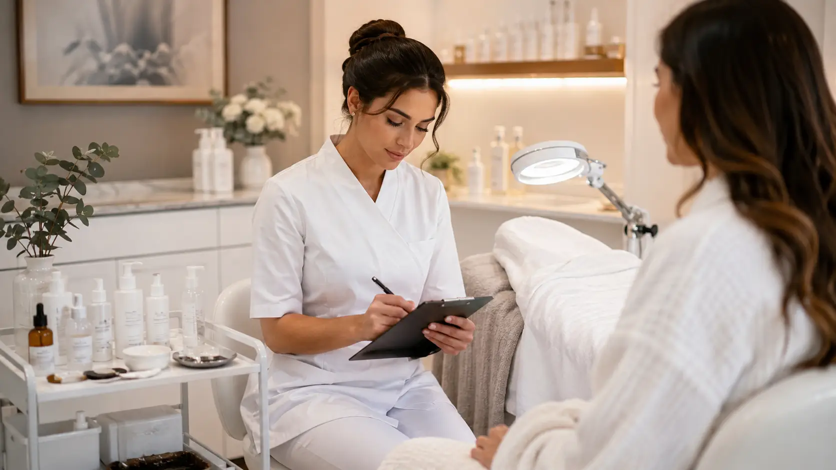 New esthetician reviewing client intake forms and treatment notes at a professional treatment room desk