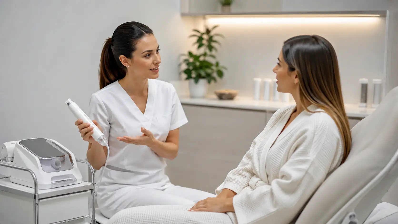 New esthetician explaining nano infusion treatment to a client during a professional consultation