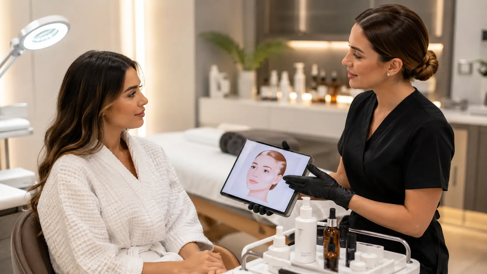 New esthetician speaking confidently with a client during a pre-treatment consultation in a professional treatment room