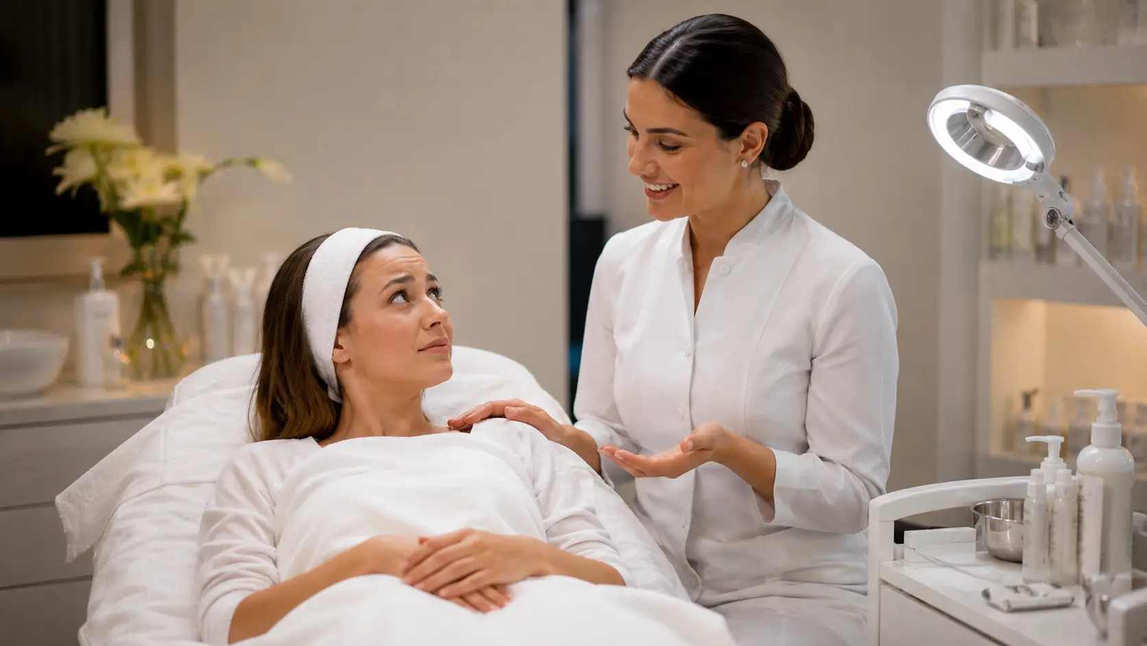 New esthetician conducting a calm, reassuring consultation with a first-time facial client in a professional treatment room