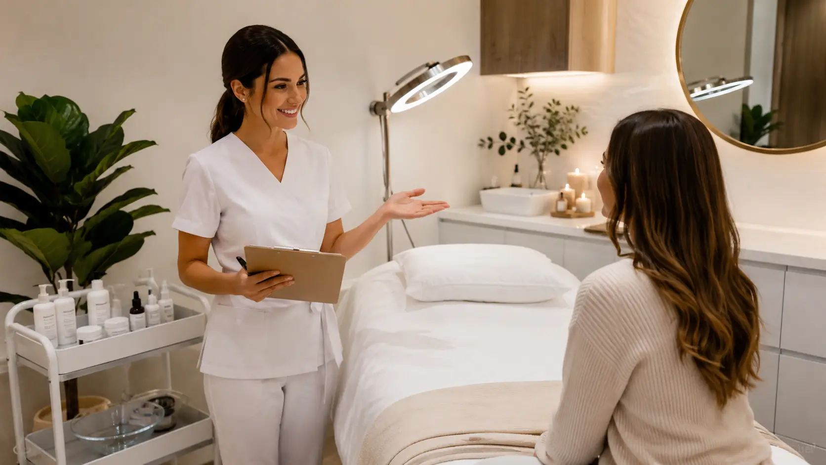A new esthetician preparing her treatment room and reviewing consultation notes before welcoming her first facial client