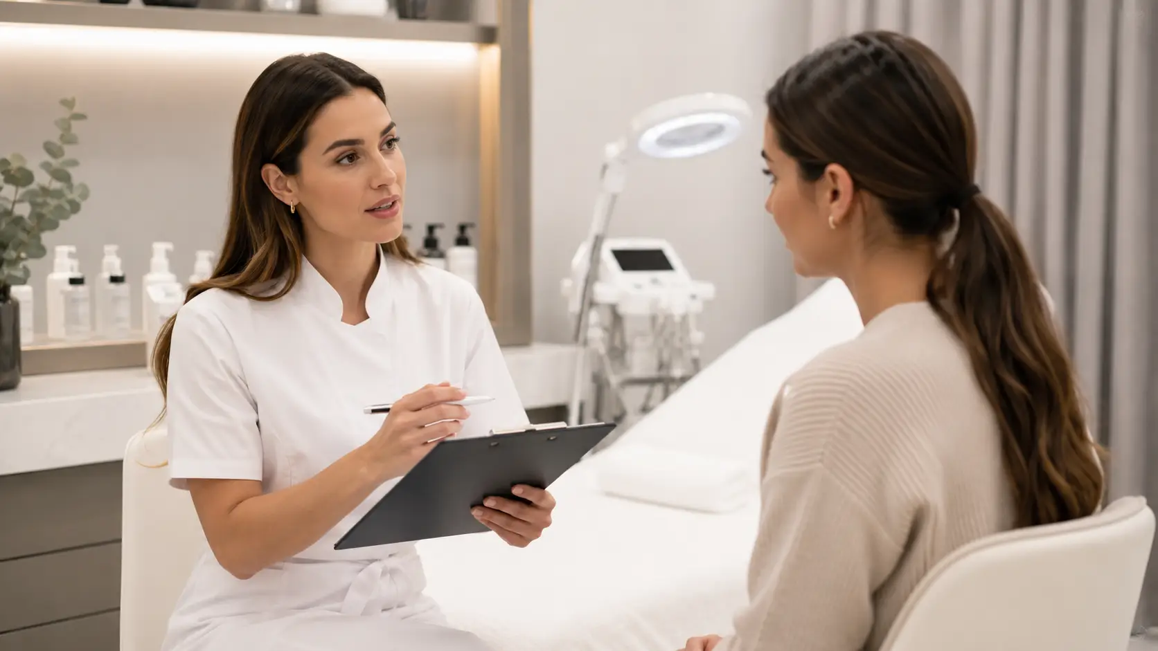 New esthetician conducting a professional client consultation, reviewing intake form and noting a skin condition that warrants a medical referral