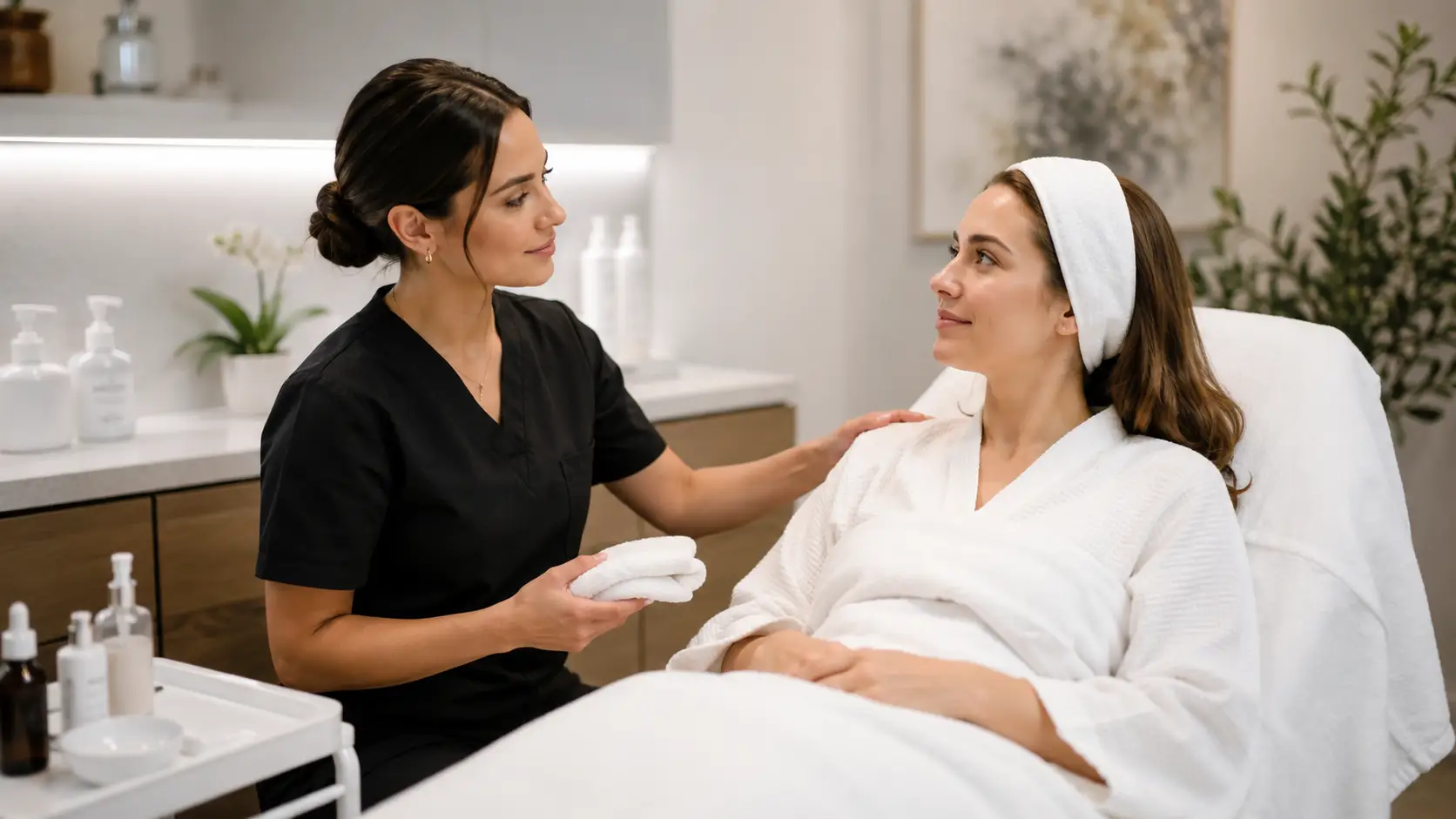 New esthetician in a professional treatment room demonstrating calm composed client communication after a service concern