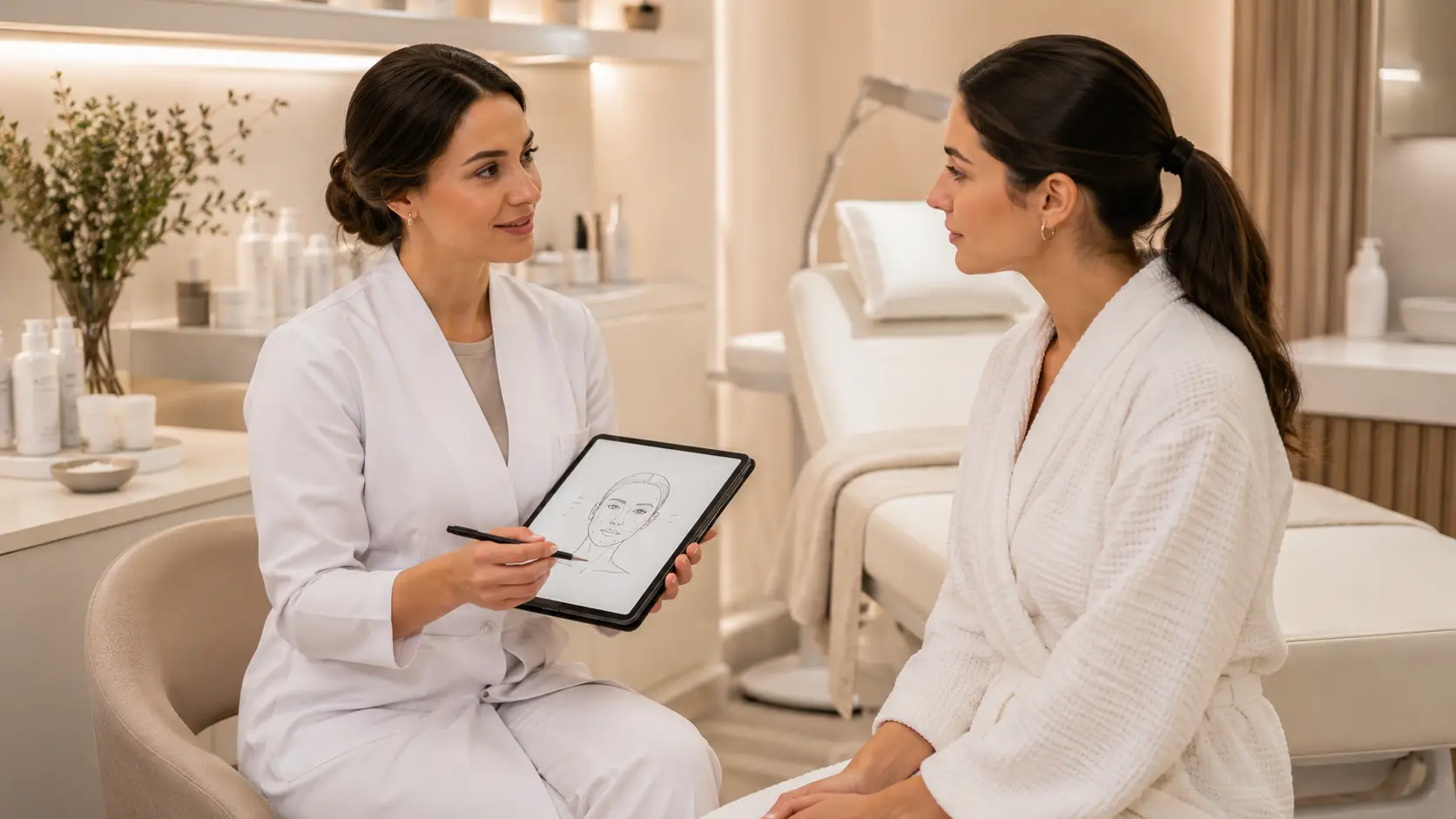 New esthetician conducting a professional skin consultation with a client, discussing realistic skin goals and treatment expectations