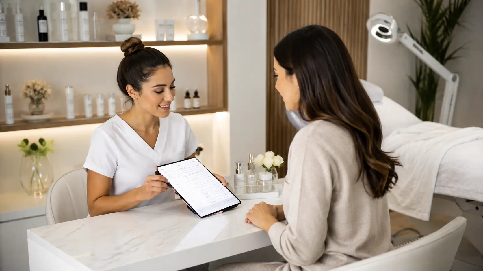 New esthetician conducting a professional skin consultation with a client in a clinical treatment room setting