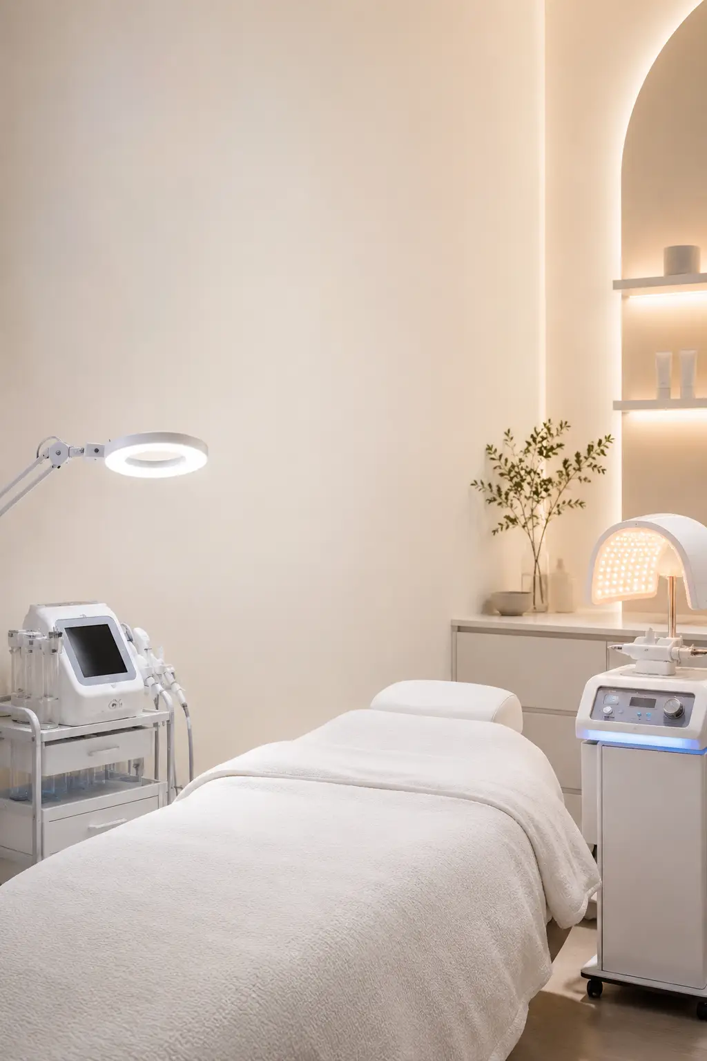 Professional esthetic treatment room with advanced facial tools LED light device and skincare preparation setup
