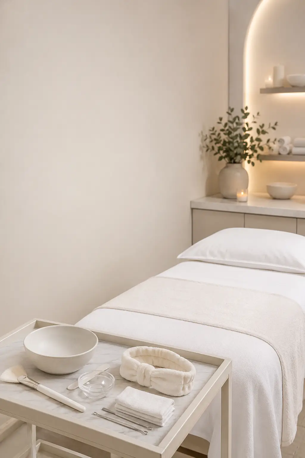 Beginner facial protocol setup with esthetician preparing skincare products mask bowl brushes and client treatment bed