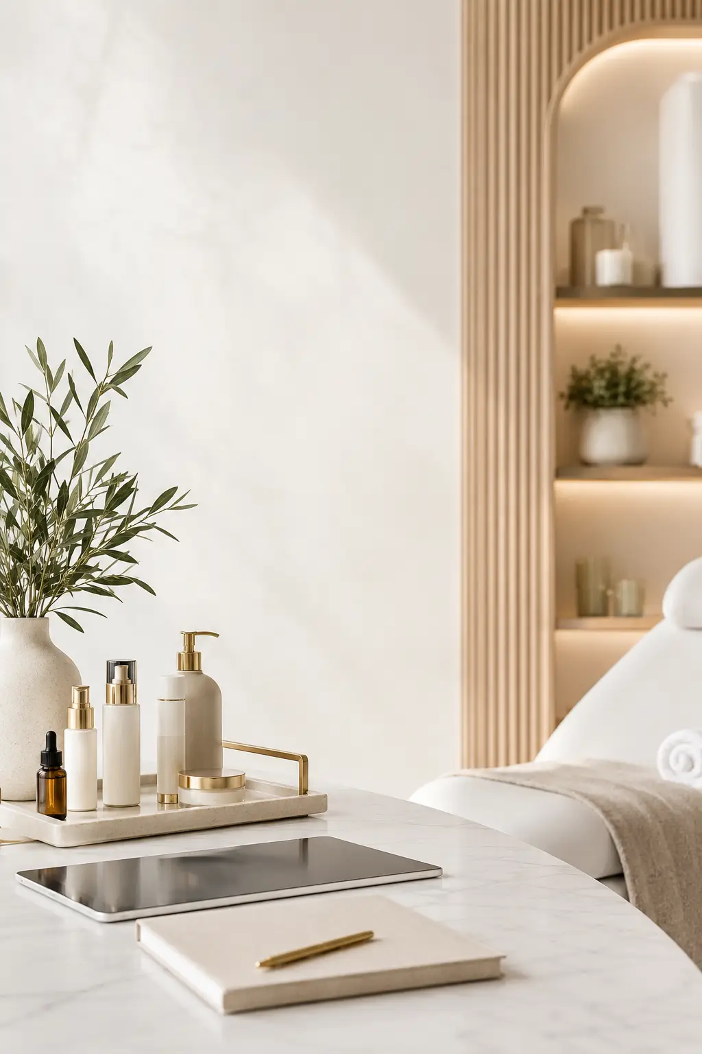 Spa business desk with treatment menu skincare products notebook and esthetician pricing strategy workspace