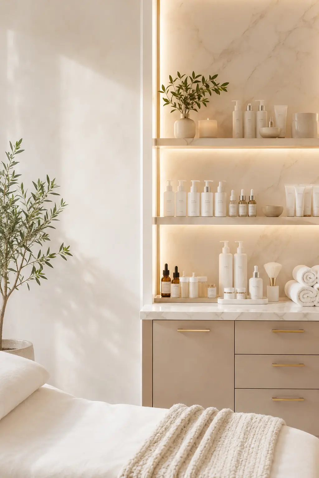 Professional skincare back bar with organized product lines cleansers masks serums and treatment room supplies