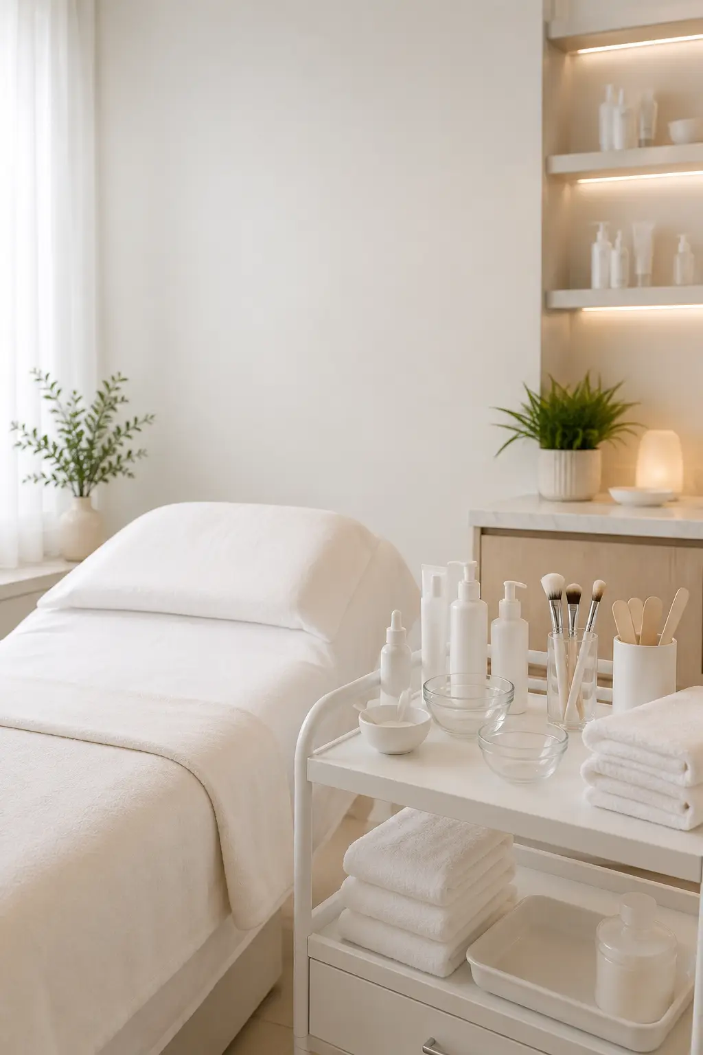 Clean esthetician treatment room setup with facial supplies towels bowls brushes and skincare tools