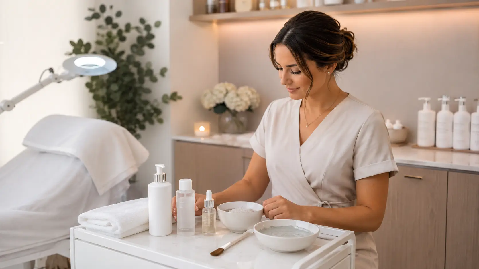 New esthetician reviewing a handwritten service menu at a clean treatment room desk with professional skincare products arranged nearby